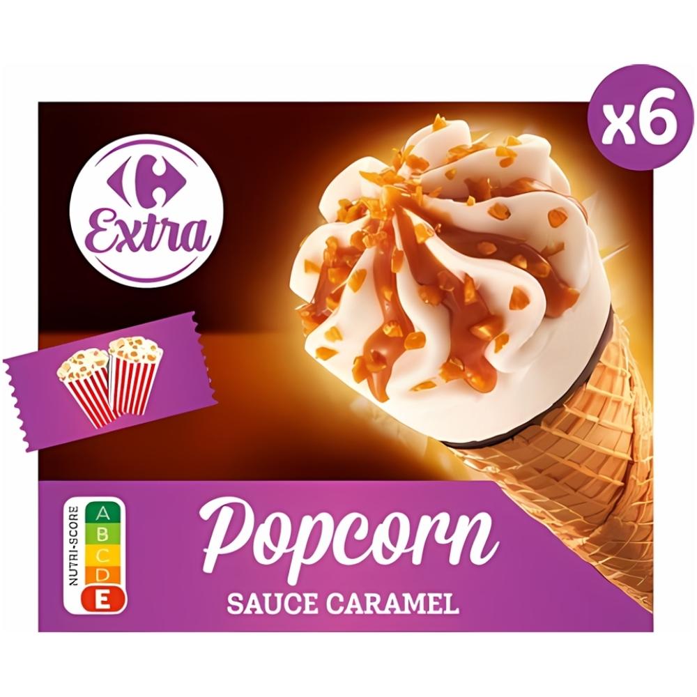 [714715] Cornets Glace Popcorn Sauce Caramel Carrefour Extra 6 unités 408g.