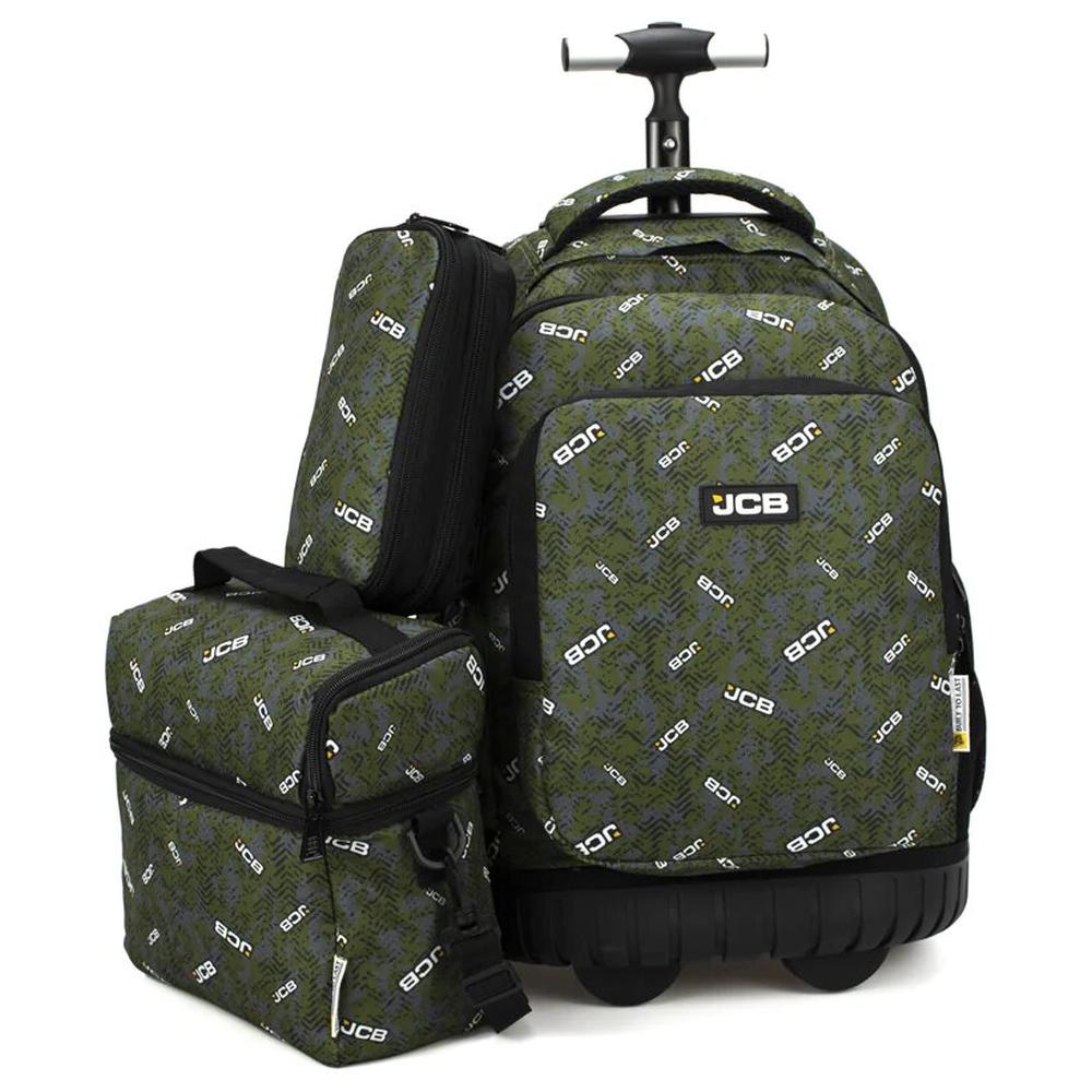[704039] Pack JCB Cartable Trolley 18'' + Sac à goûter + Trousse - Couleur kaki