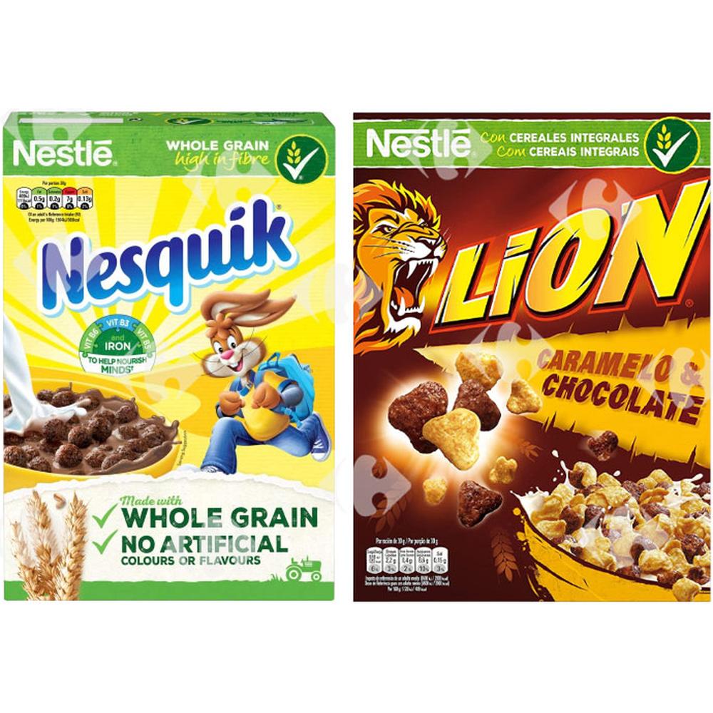 [568421] Lot Céréales Chocolat Nesquik 330g + Céréales Caramel et Chocolat Lion 400g