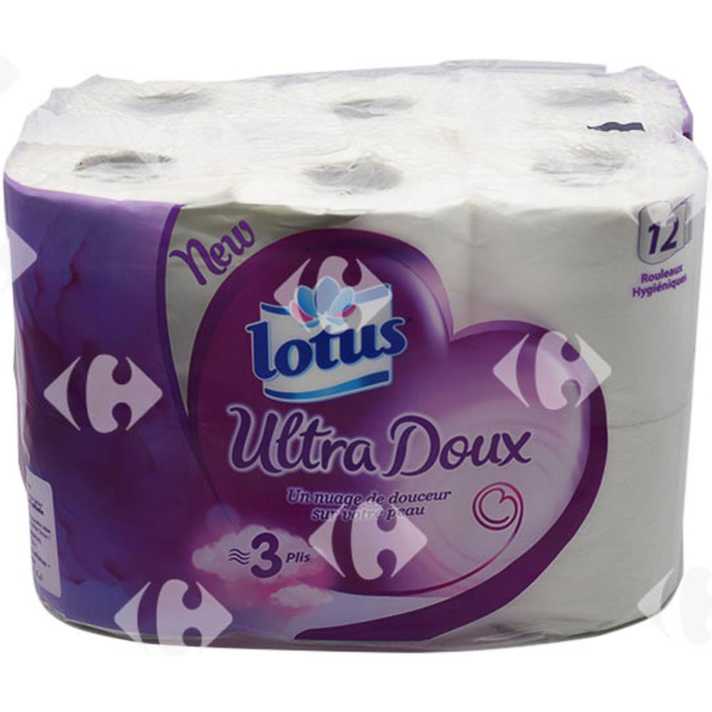 [654630] Papier Hygiénique Ultra Doux 3 Plis Lotus 12 rouleaux.