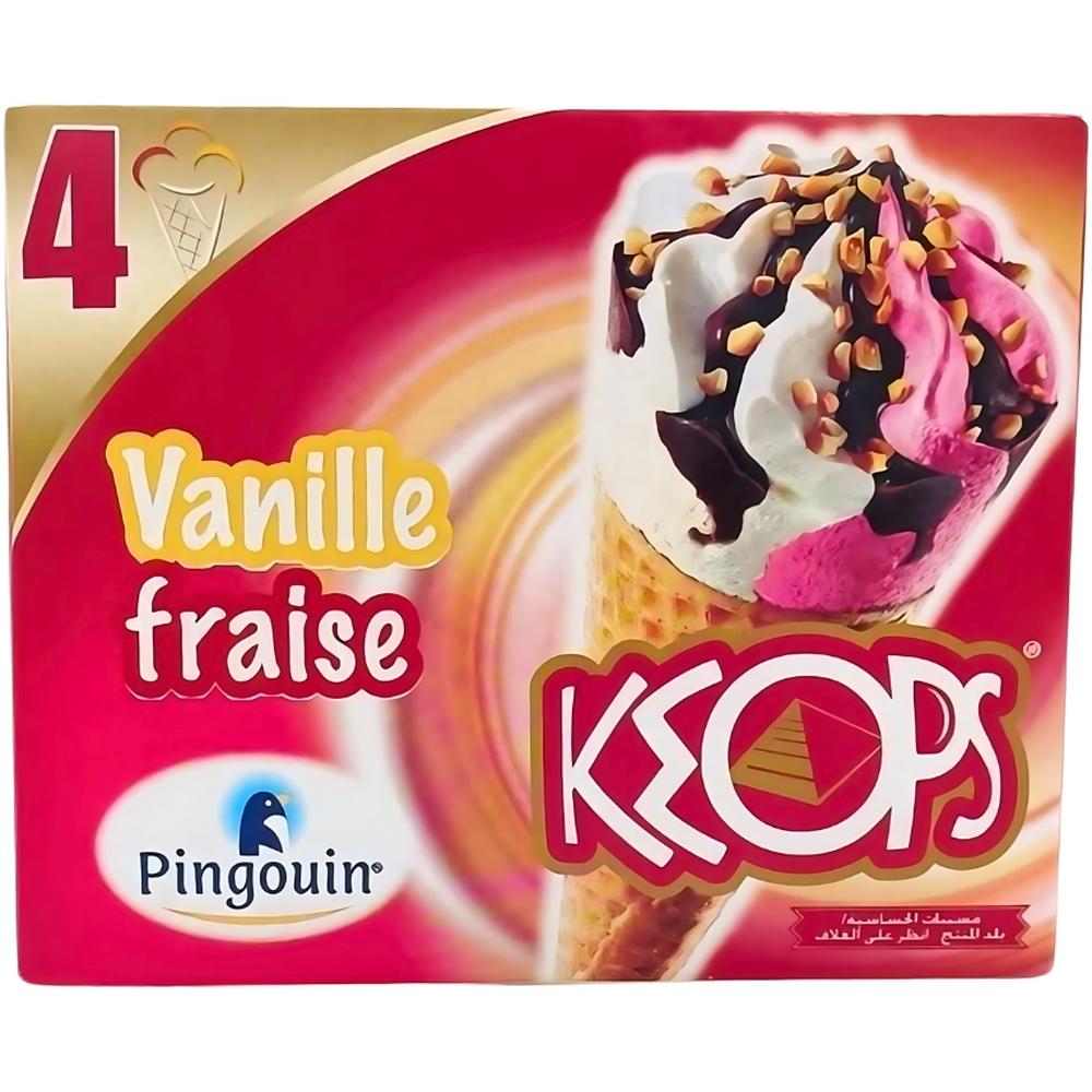 [69169] Glace Cornet Vanille Fraise Keops Pingouin 4 unités 120ml