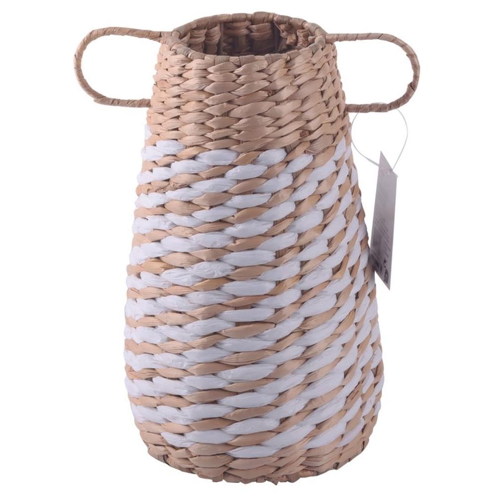 [716569] Vase Décoratif en Paille Blanc/Ecru à Anses Kasa 24 cm