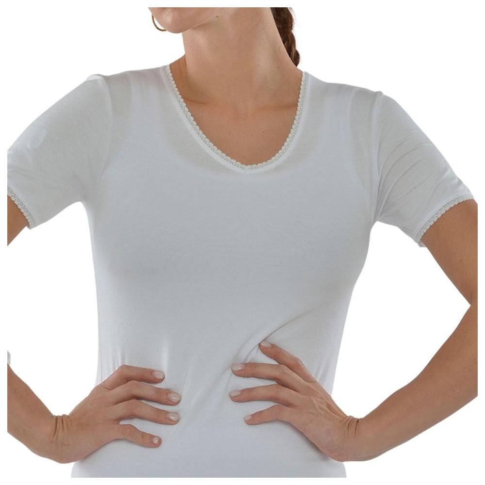 T-shirt Femme à Manches Courtes Col V avec Dentelle Blanc - Taille L