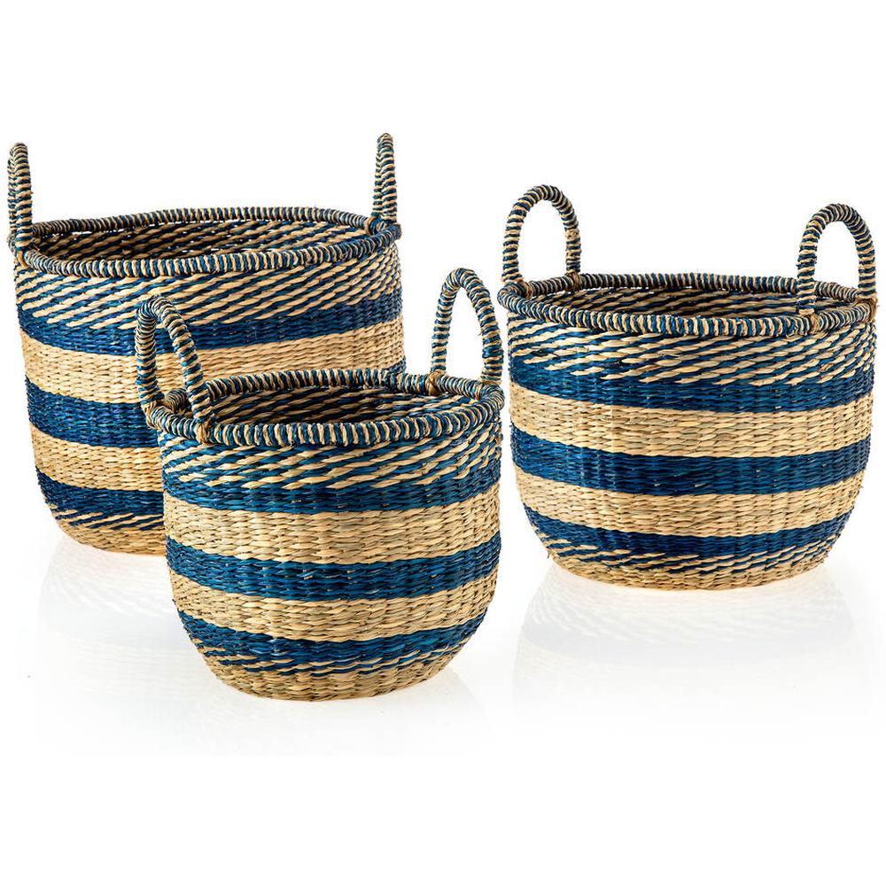 Set 3 Paniers Osier Anses Beige/Bleu Kasa