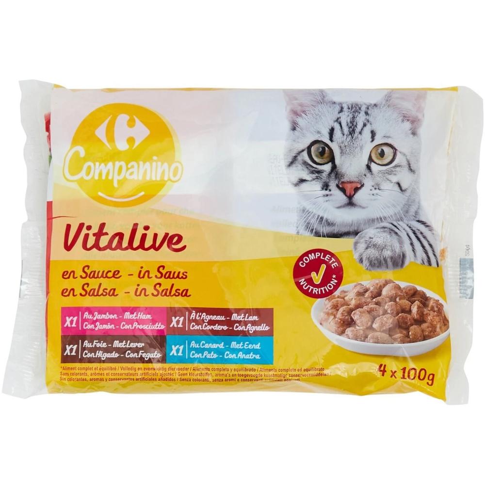 [375720] Pâtée Émincés aux Poissons en Sauce pour Chats Adultes Carrefour 4x100g
