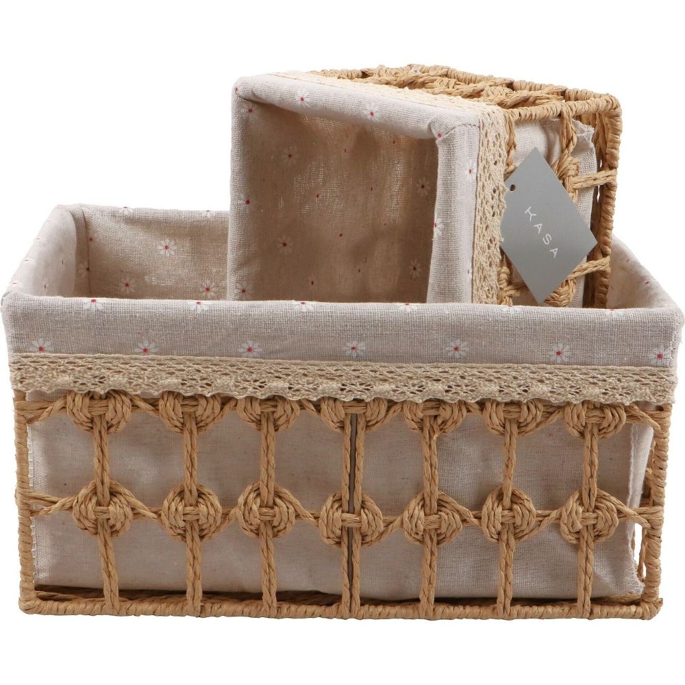 Panier Rectangulaire Tissu Brodé Fleurs Kasa 22x16cm