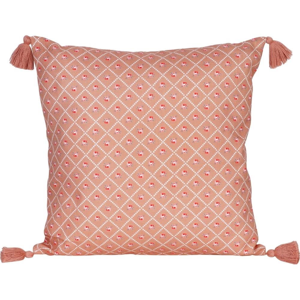 [721820] Coussin Carré Fleurs Rouges Pompons Kasa 45x45 cm