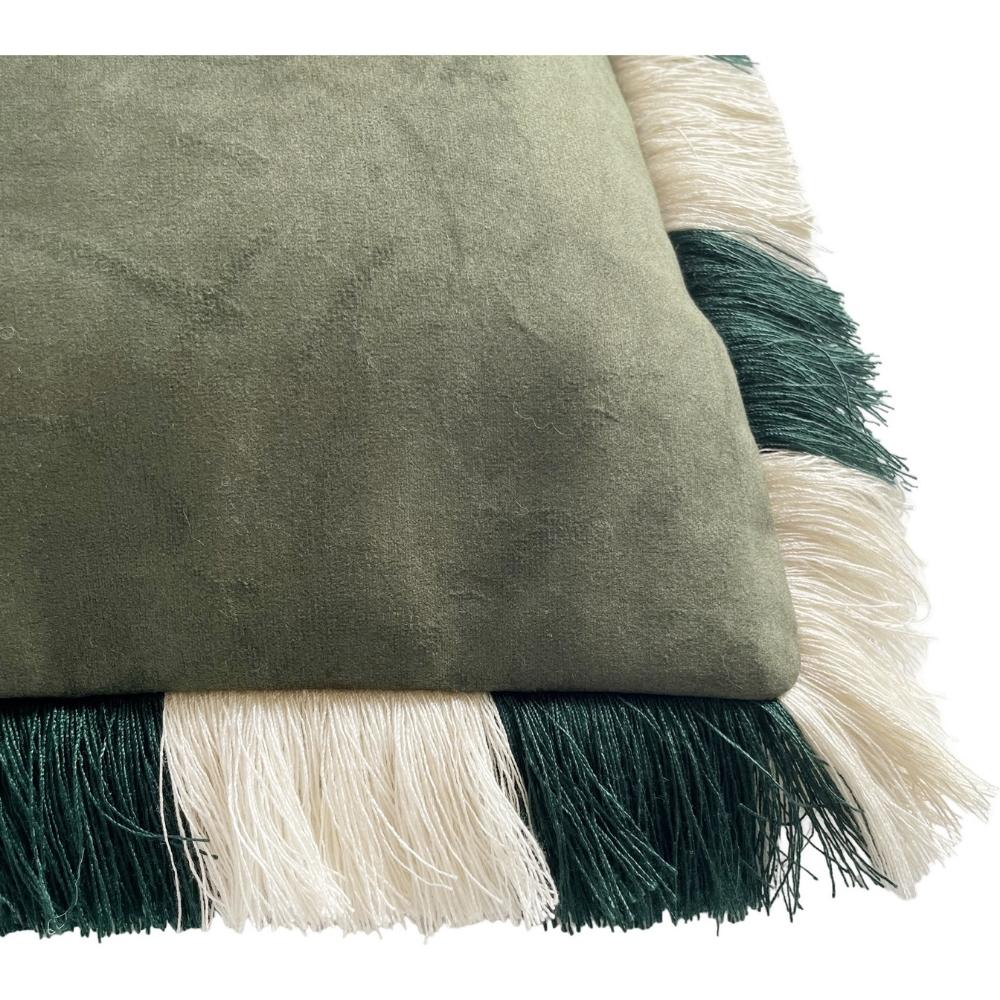 [721823] Coussin Carré Vert Franges Vertes/Beige Kasa 45x45 cm