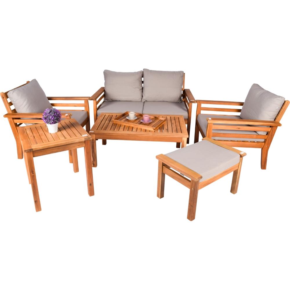 [569833] Salon de Jardin Bas en Bois Acacia Teinté Coussins Gris clair Bali HYBA