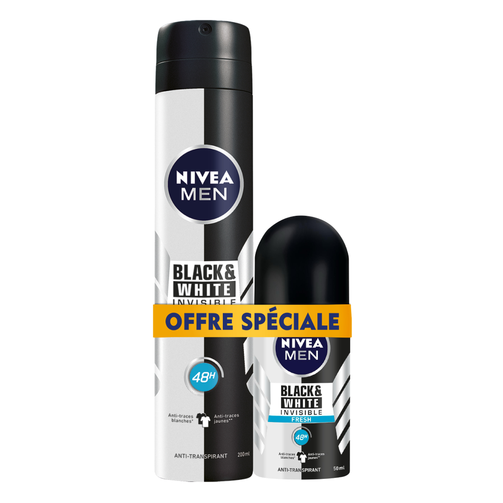 [715048] Lot Déodorant Spray + Roll-On Nivea Men Black & White Invisible