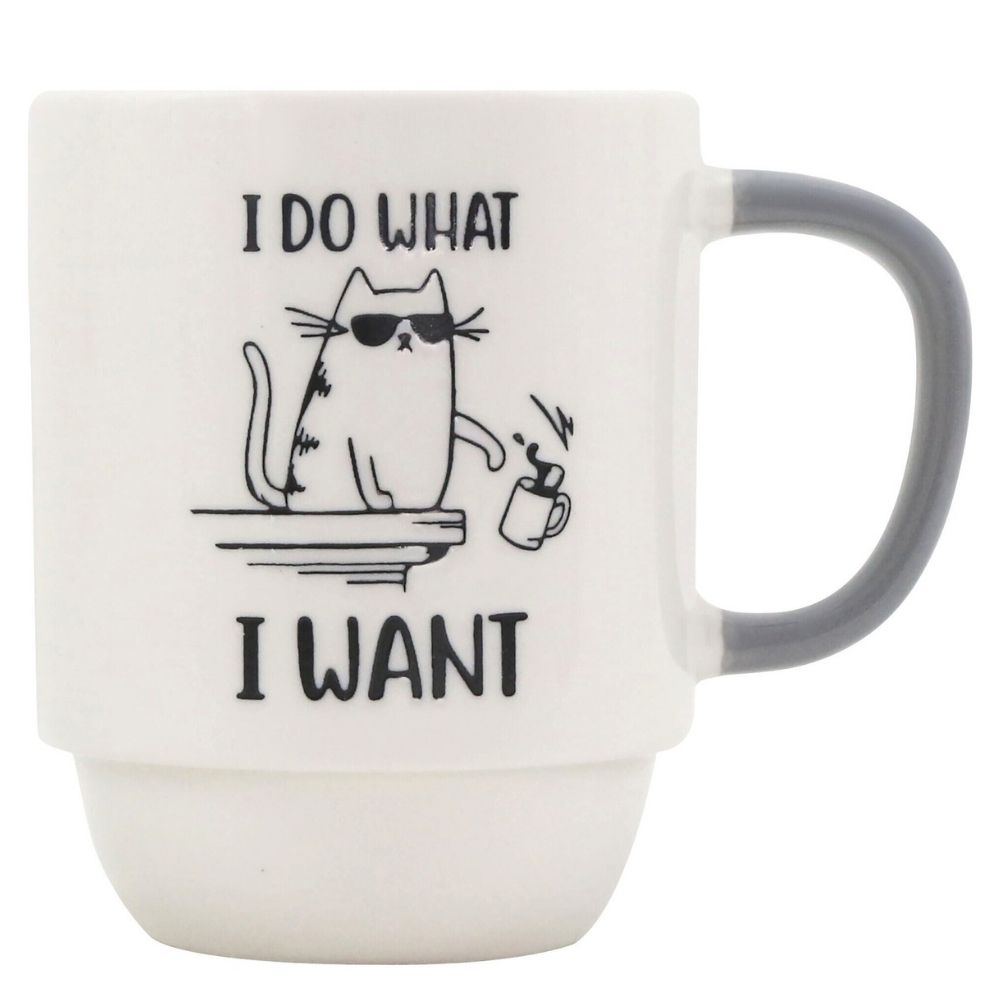 Mug Kasa en Porcelaine Blanche Dessin Chat Manche Grise 40cl