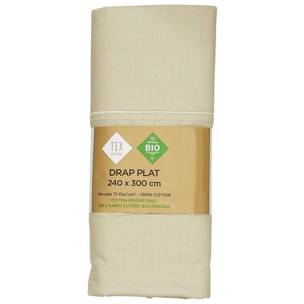 Drap Plat Beige Clair en Percale de Coton Bio Tex Home 240x300 cm