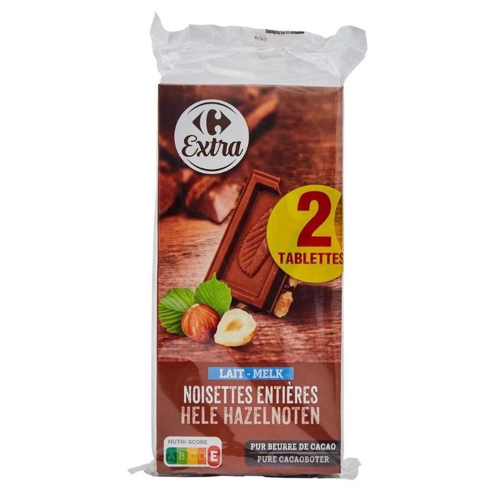 [704384] Tablette Chocolat Lait Noisettes Carrefour Extra 2x200g