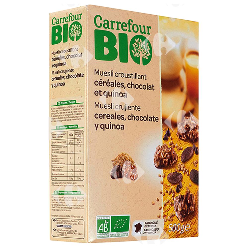 [527895] Muesli Croustillant Céréales Chocolat et Quinoa Carrefour Bio 500g