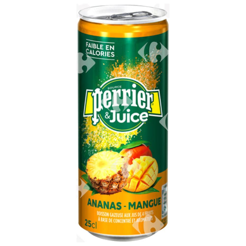 [689498] Eau Gazeuse Fruitée Ananas et Mangue Perrier & Juice 25cl.