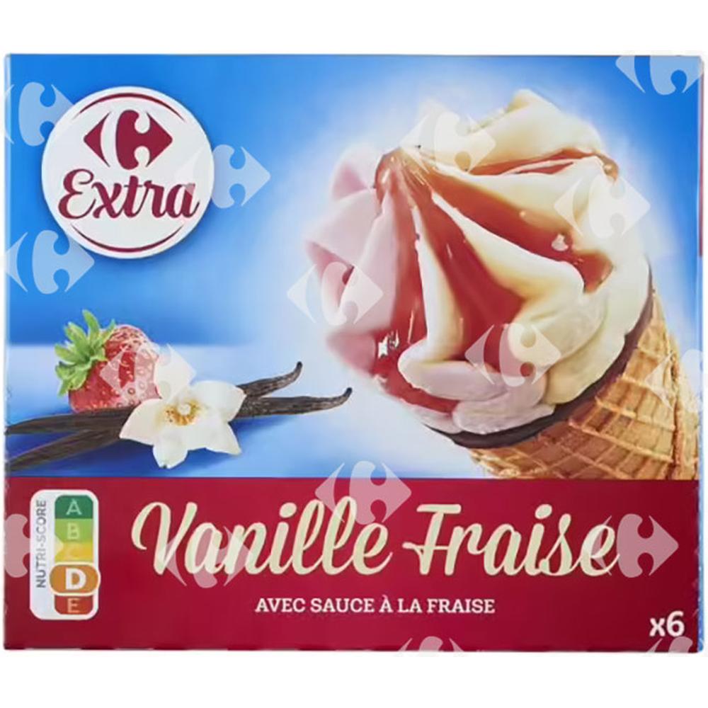 [480396] Cornets de Glace Vanille & Fraise Carrefour 6x120ml.