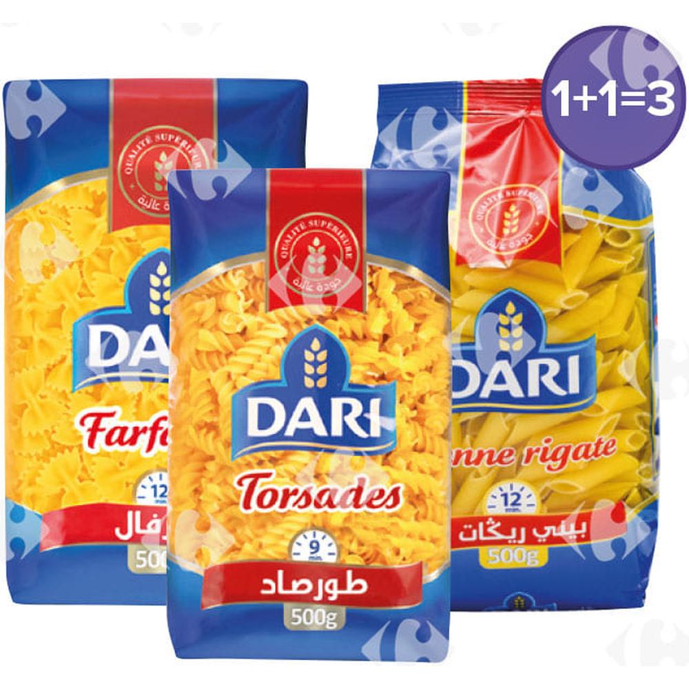 [664909] Lot de Pâtes : Penne Dari 500g + Farfalle Dari 500g + Torsades Dari 500g Gratuite.