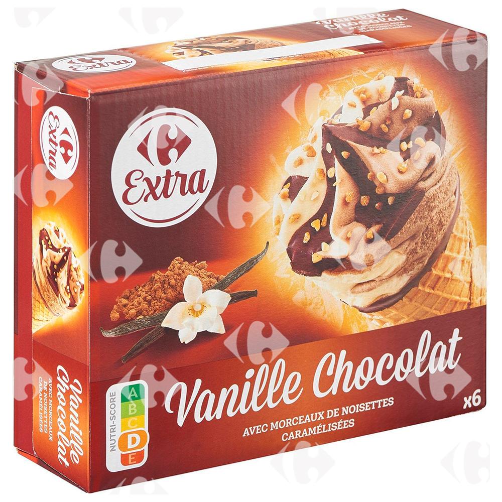 [480476] Cornets Glace Vanille Chocolat Carrefour 6x120ml.