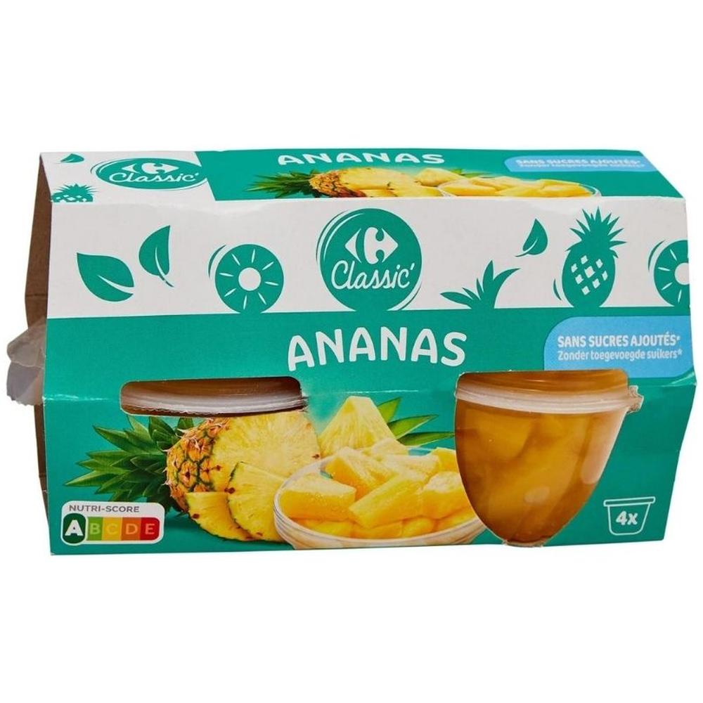 [704800] Fruits au Sirop Ananas sans Sucres Ajoutés Carrefour Classic 4x70g