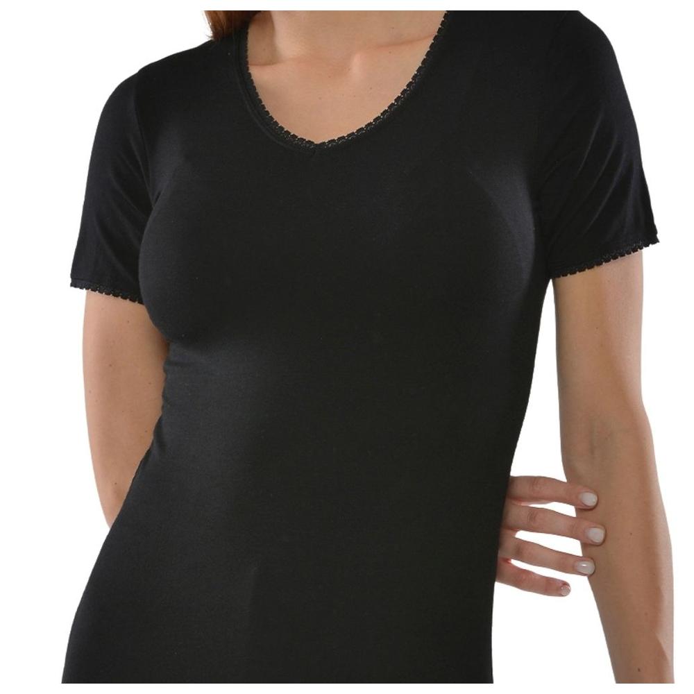 [673996] T-shirt Femme à Manches Courtes Col V avec Dentelle Noir - Taille XL