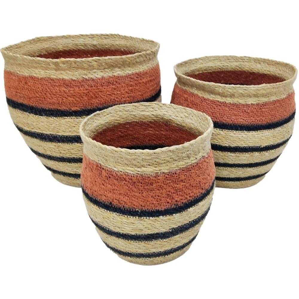 [721909] Set de 3 Paniers à Fines Rayures Bleues Jute Kasa