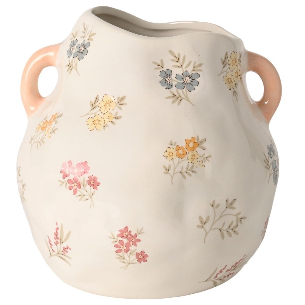 [730654] Vase Kasa en Céramique Blanc Fleurs Manches Roses 20cm