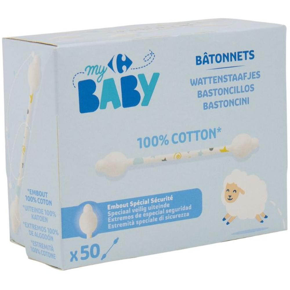[704710] Coton Tiges Bébé 100% Coton Carrefour Baby 50 unités