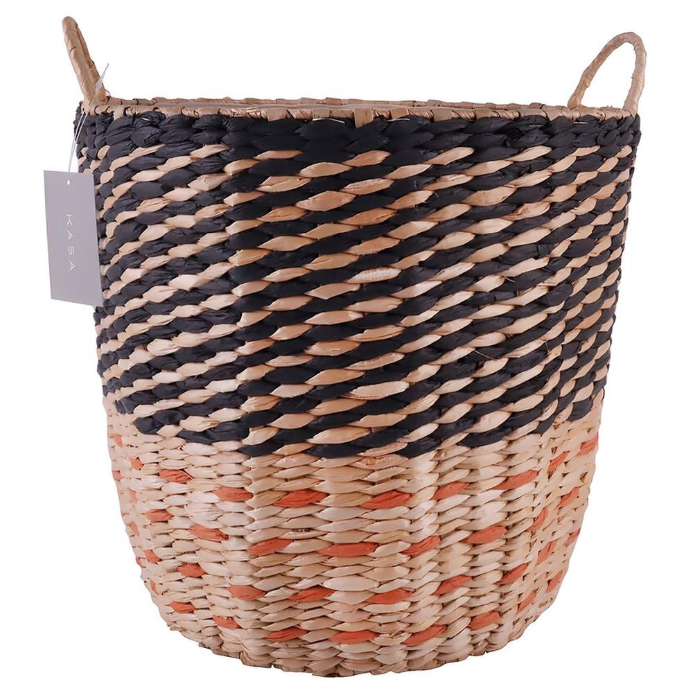 [710660] Panier Osier à Anses Rayé Écru Noir Kasa Grand Modèle