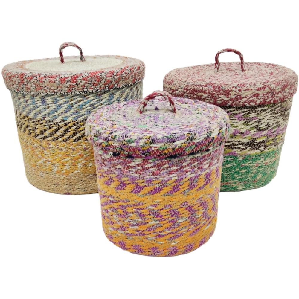 [721927] Set de 3 Paniers Ronds Colorés en Tissu avec Couverture Kasa